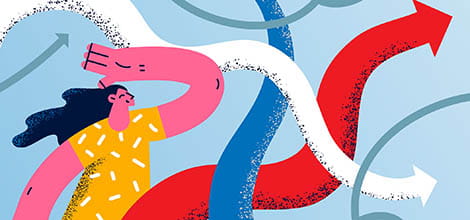 Young smiling woman cartoon character standing looking at colourful arrows going to various directions trying to choose one vector illustration